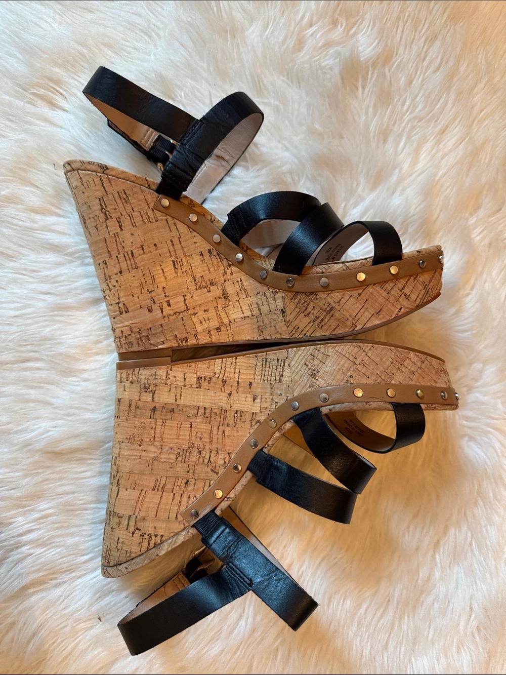 VGUC Size 8.5 French Connection Black Multi-Strap Dion Cork Wedge Sandals! - Picture 4 of 15